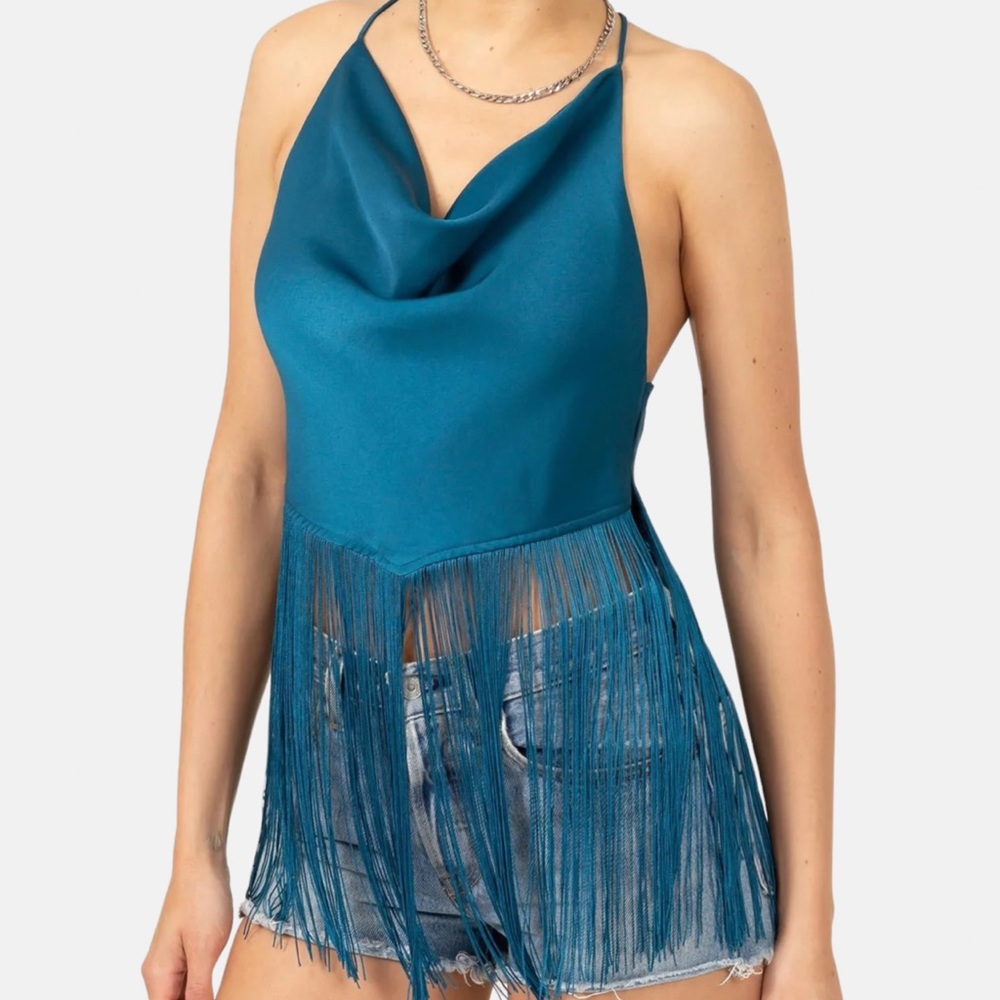 New Turquoise Halter Fringe Top